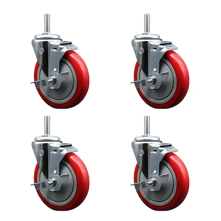 Service Caster 5 Inch Red Polyurethane Wheel Swivel 34 Inch Threaded Stem Caster Set with Brake SCC SCC-TS20S514-PPUB-RED-TLB-34212-4